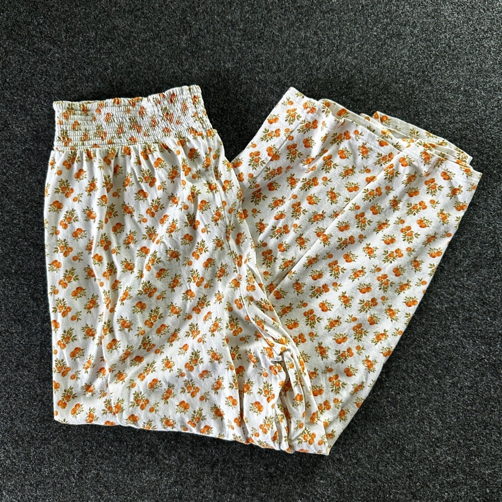 Garnet Hill Orange Floral Smocked Organic Cotton Modal Wide Leg Lounge Pants XS